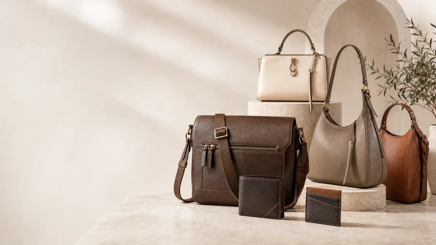 Custom brown and beige bags with matching wallets and accessories