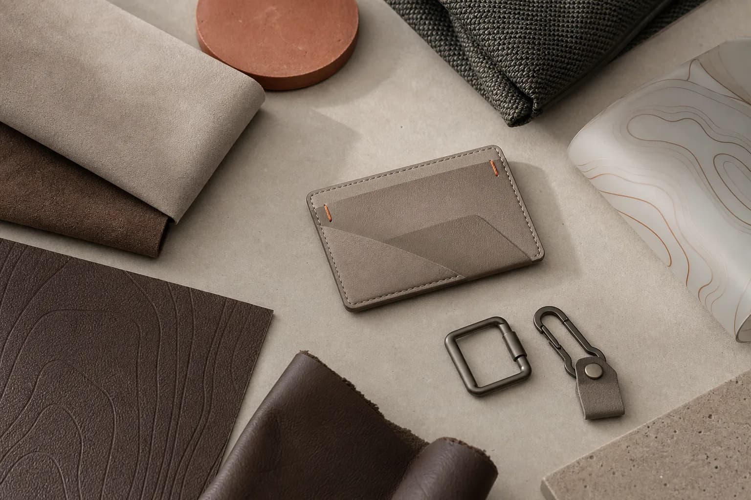 Material swatches and components reviewed for custom bag development