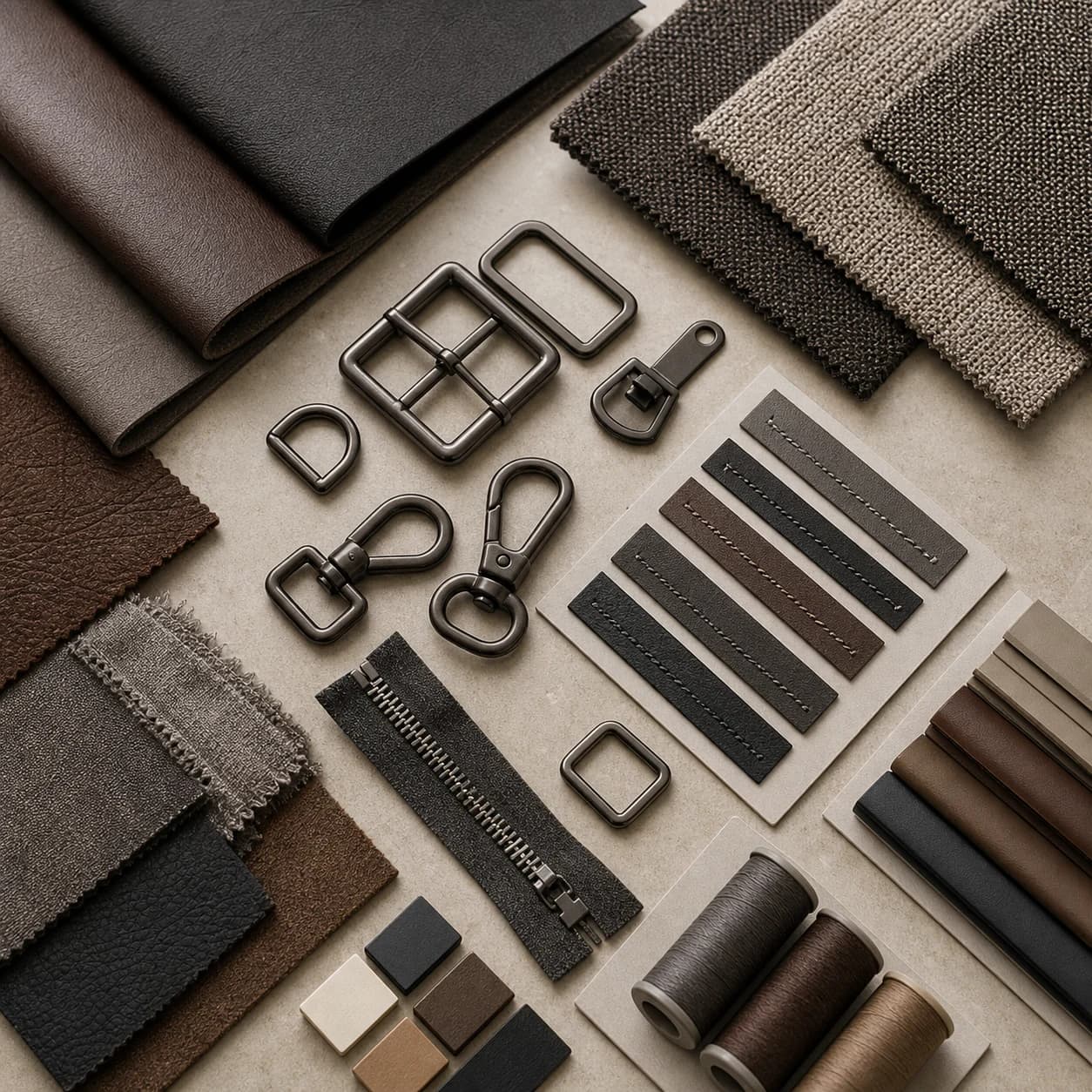 Bag material swatches and hardware testing