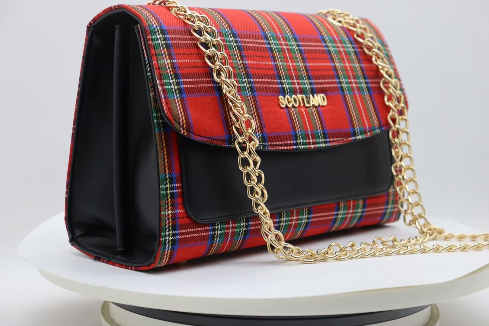Red tartan chain shoulder bag side view