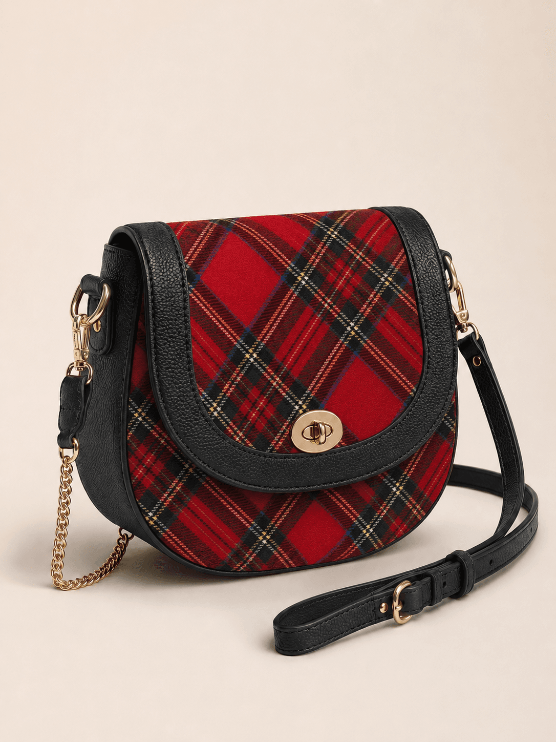 Red tartan saddle crossbody bag development concept