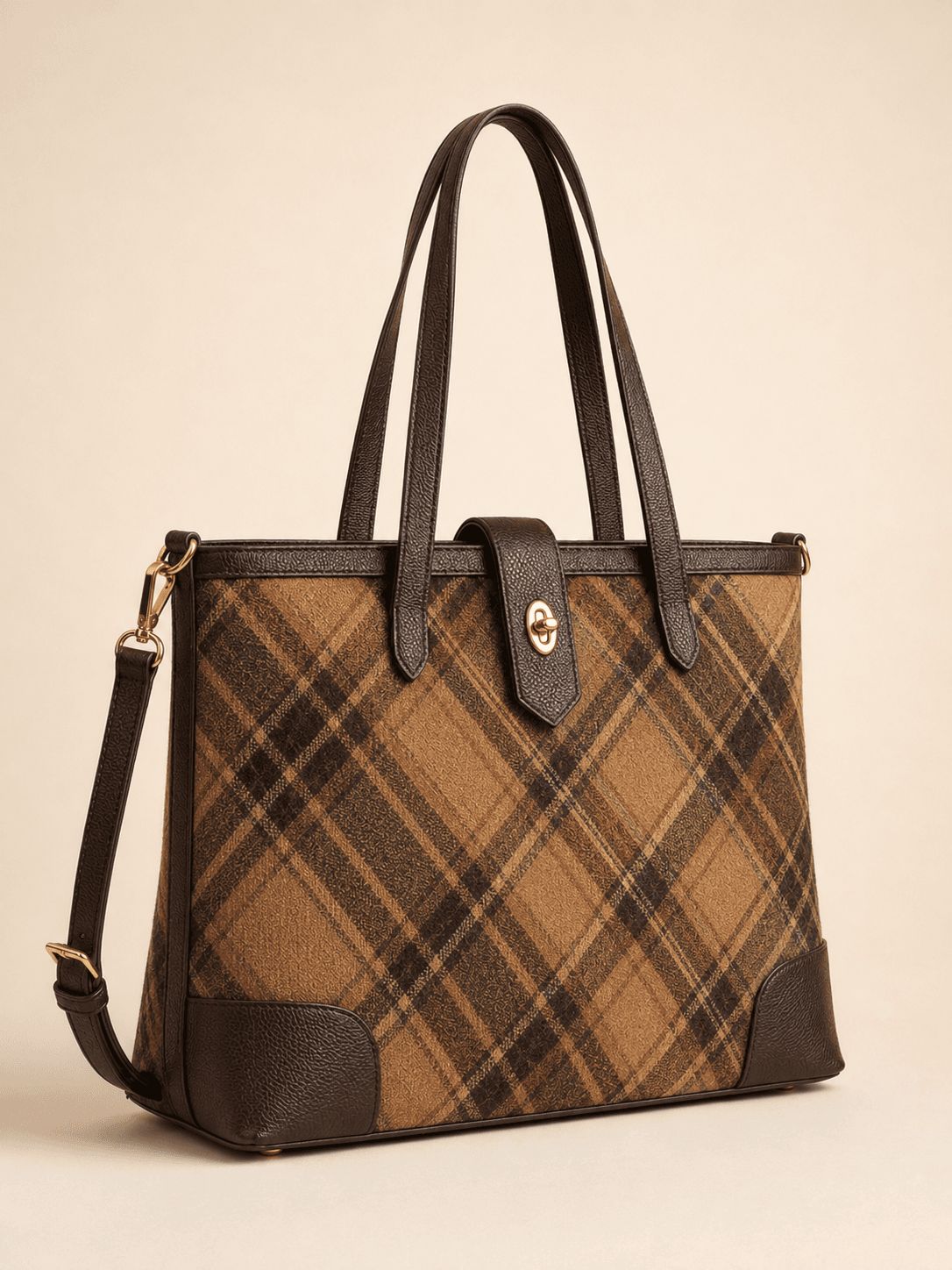 Camel tartan commuter tote development concept