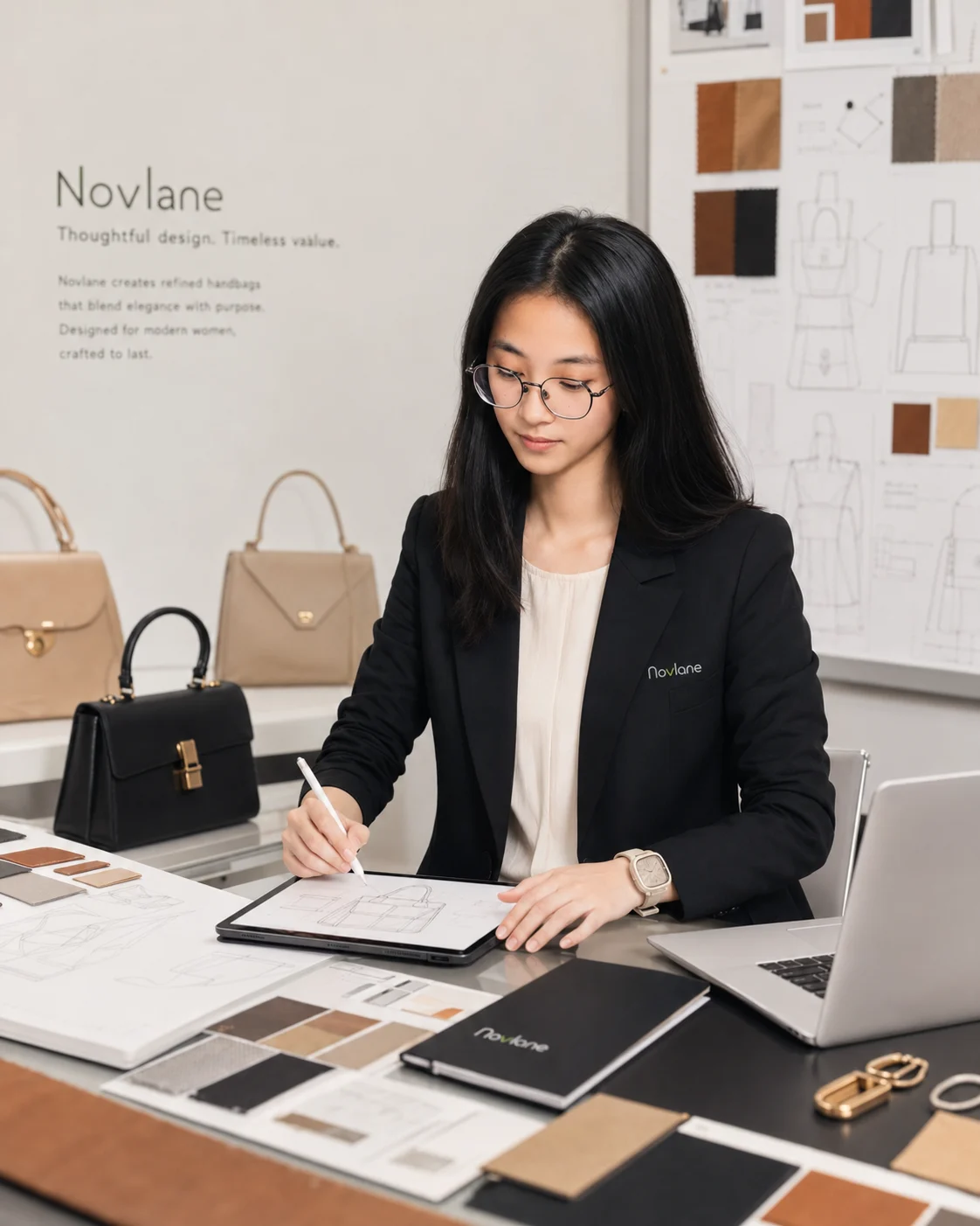 Tonia reviewing custom bag designs and material samples