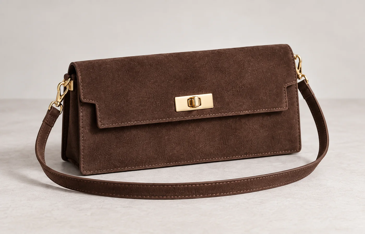 Chocolate suede shoulder bag with gold-tone hardware, shown as an editorial development reference